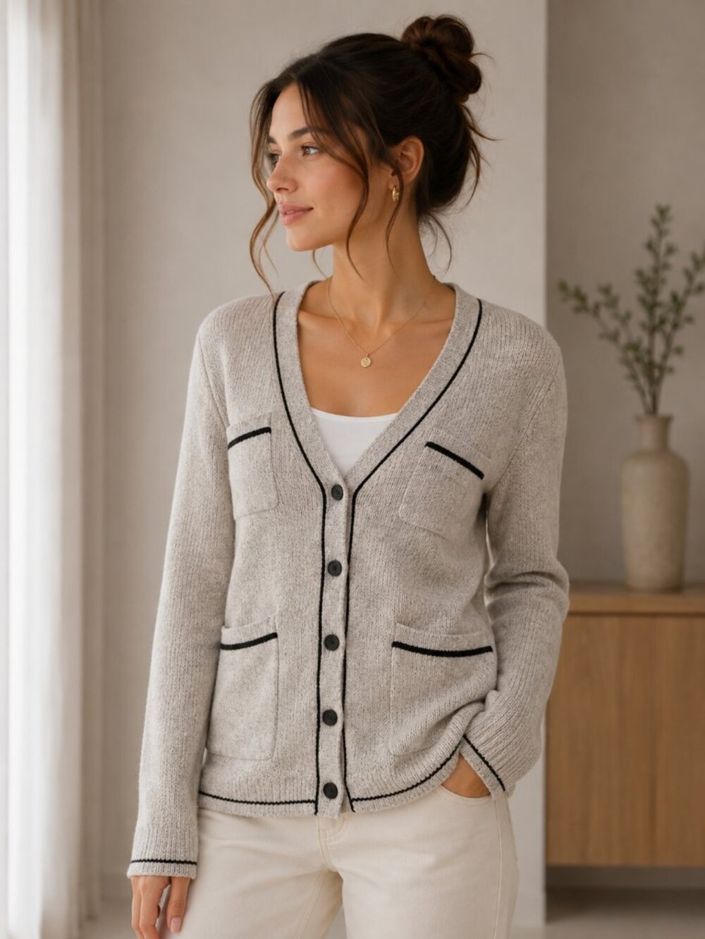 Theory Cream Wool Yak Blend Cardigan Black Trim Button Knit Sweater Small 0348